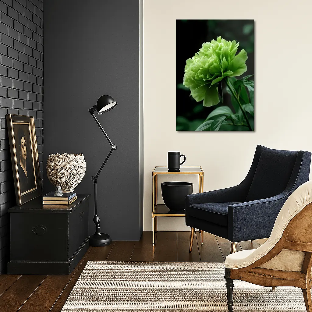 Green Peony Flower Dark Botanical Background – Wall Art