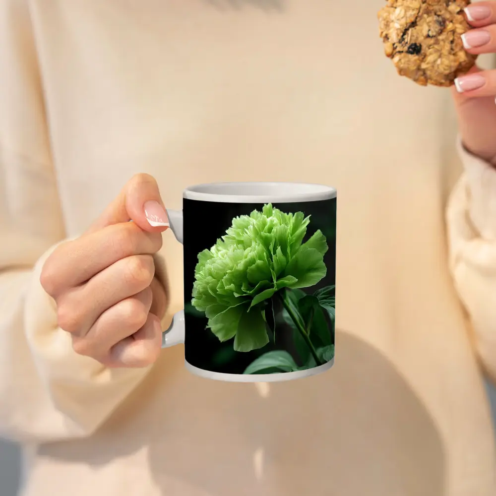 Green Peony Flower Dark Botanical Background – Mugs