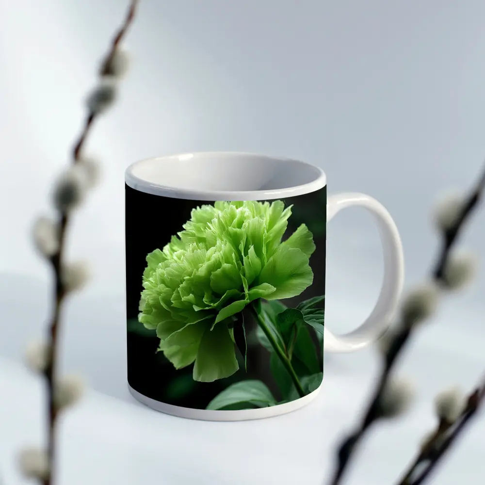 Green Peony Flower Dark Botanical Background – Mugs
