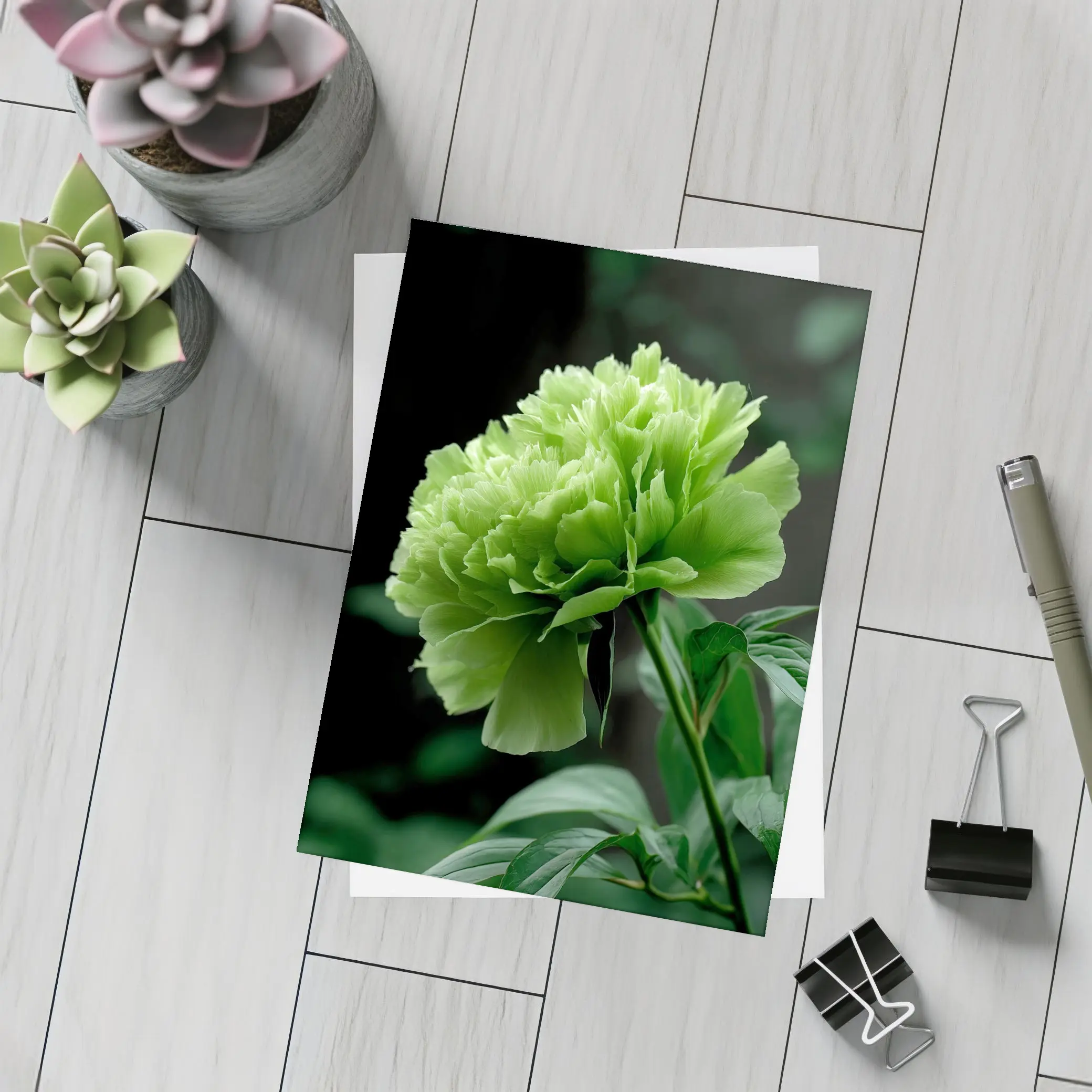 Green Peony Flower Dark Botanical Background – Postcards