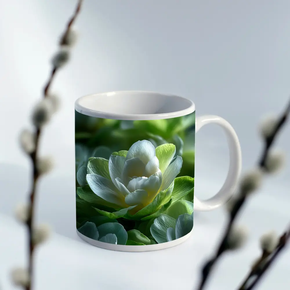 White Green Freesia Flowers Close Up – Mugs