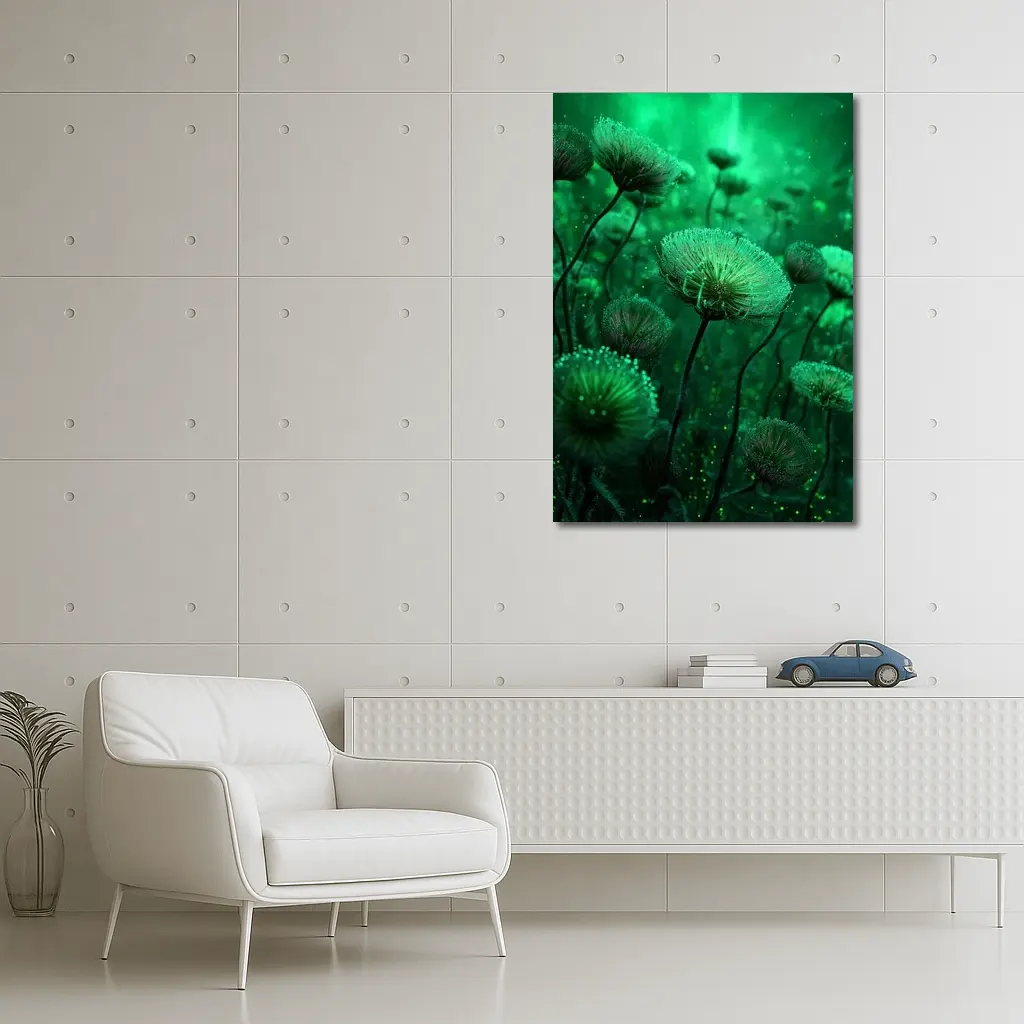 Glowing Green Fantasy Dandelion Field Art – Wall Art