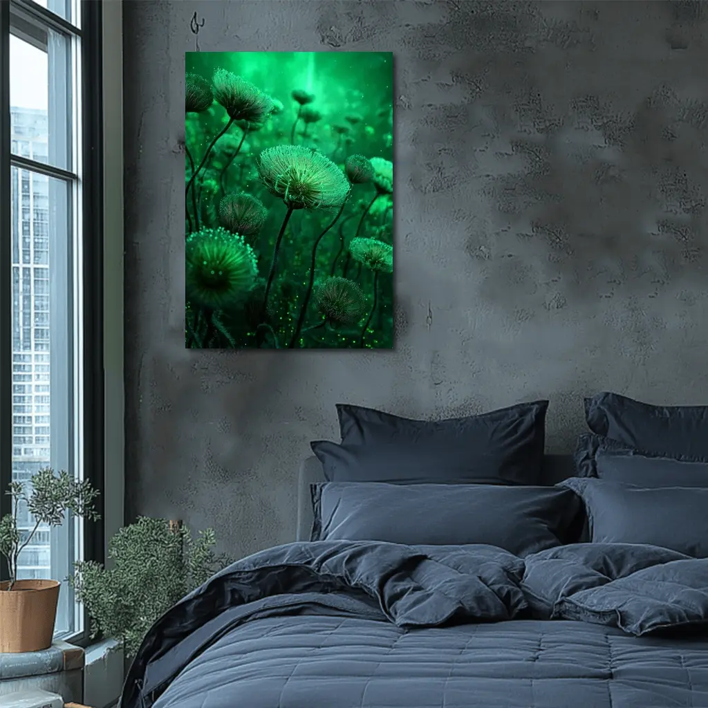 Glowing Green Fantasy Dandelion Field Art – Wall Art