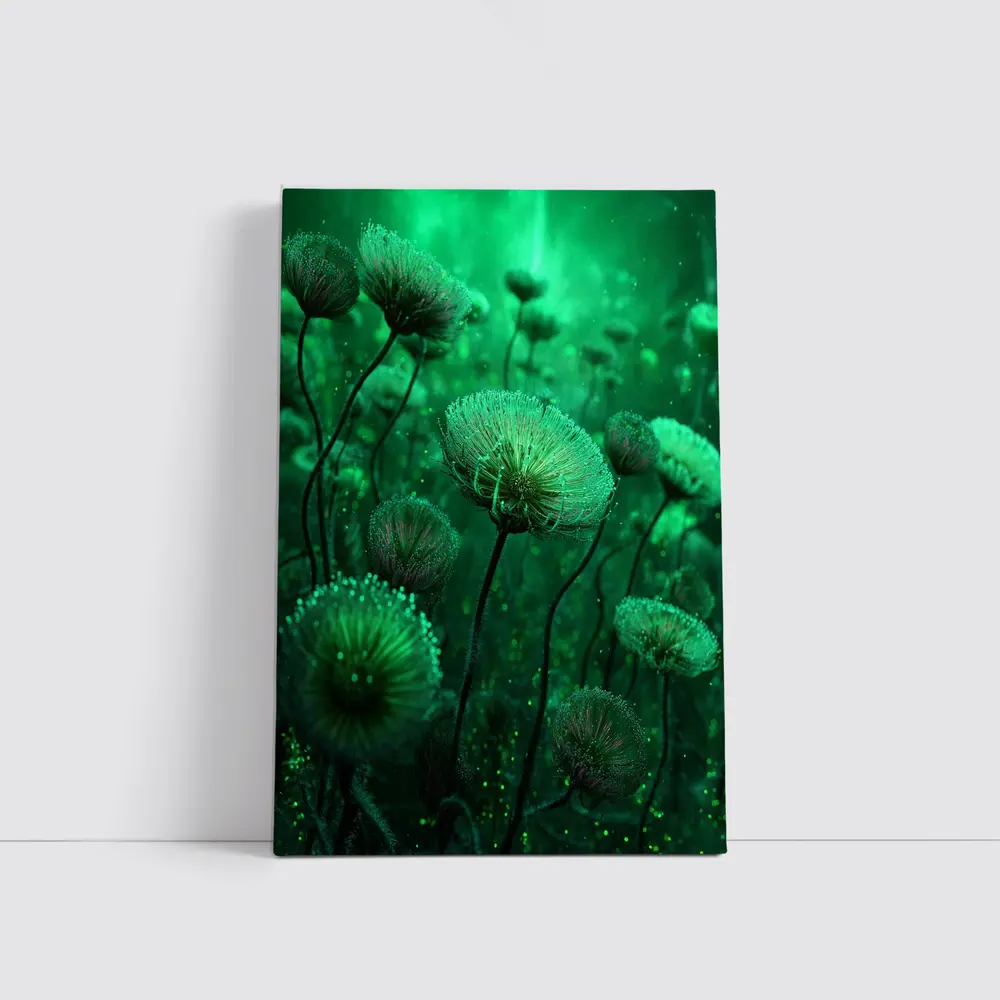 Glowing Green Fantasy Dandelion Field Art – Wall Art