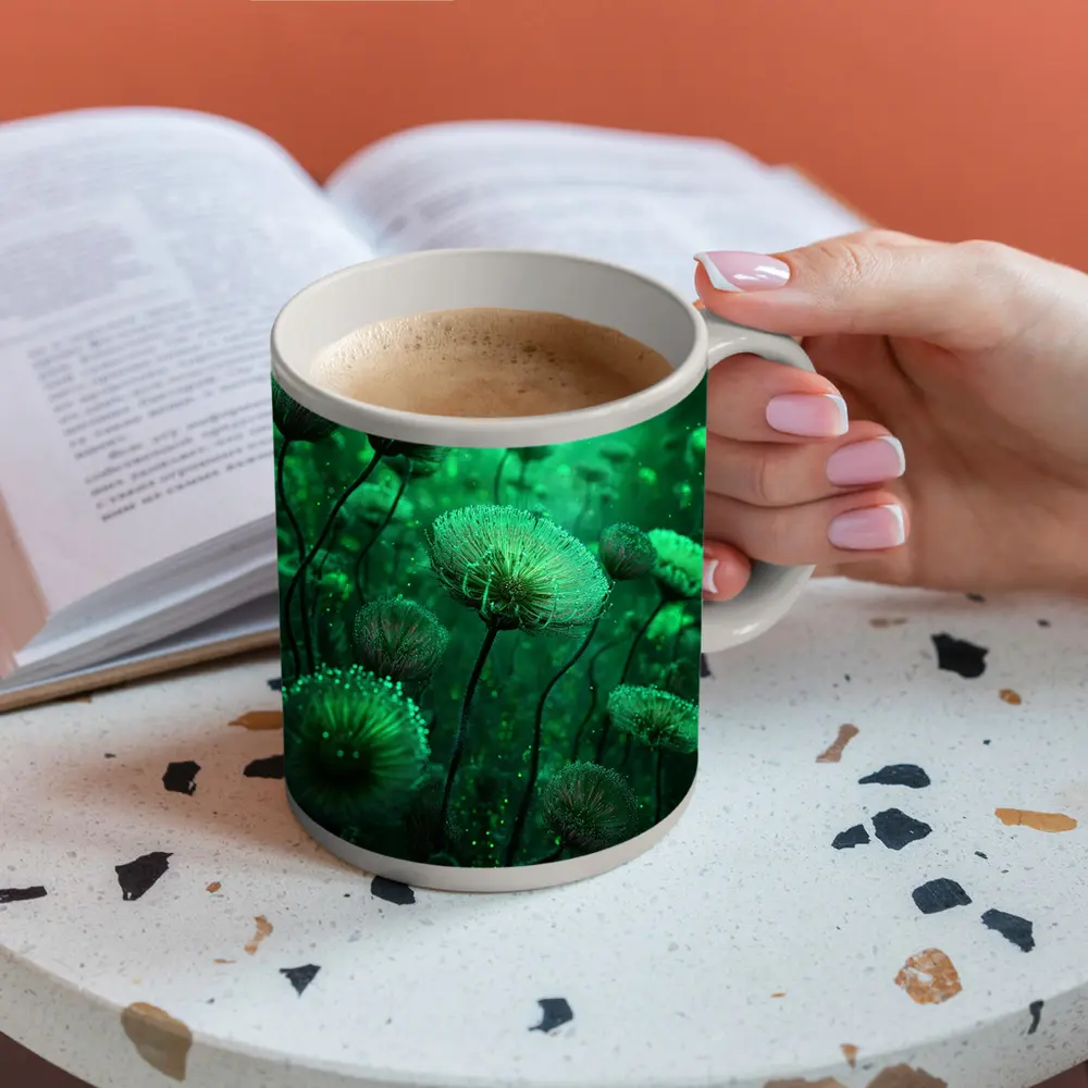 Glowing Green Fantasy Dandelion Field Art – Mugs