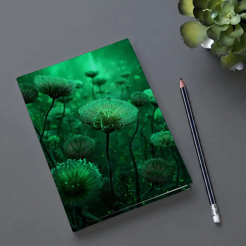 Glowing Green Fantasy Dandelion Field Art – Notebooks