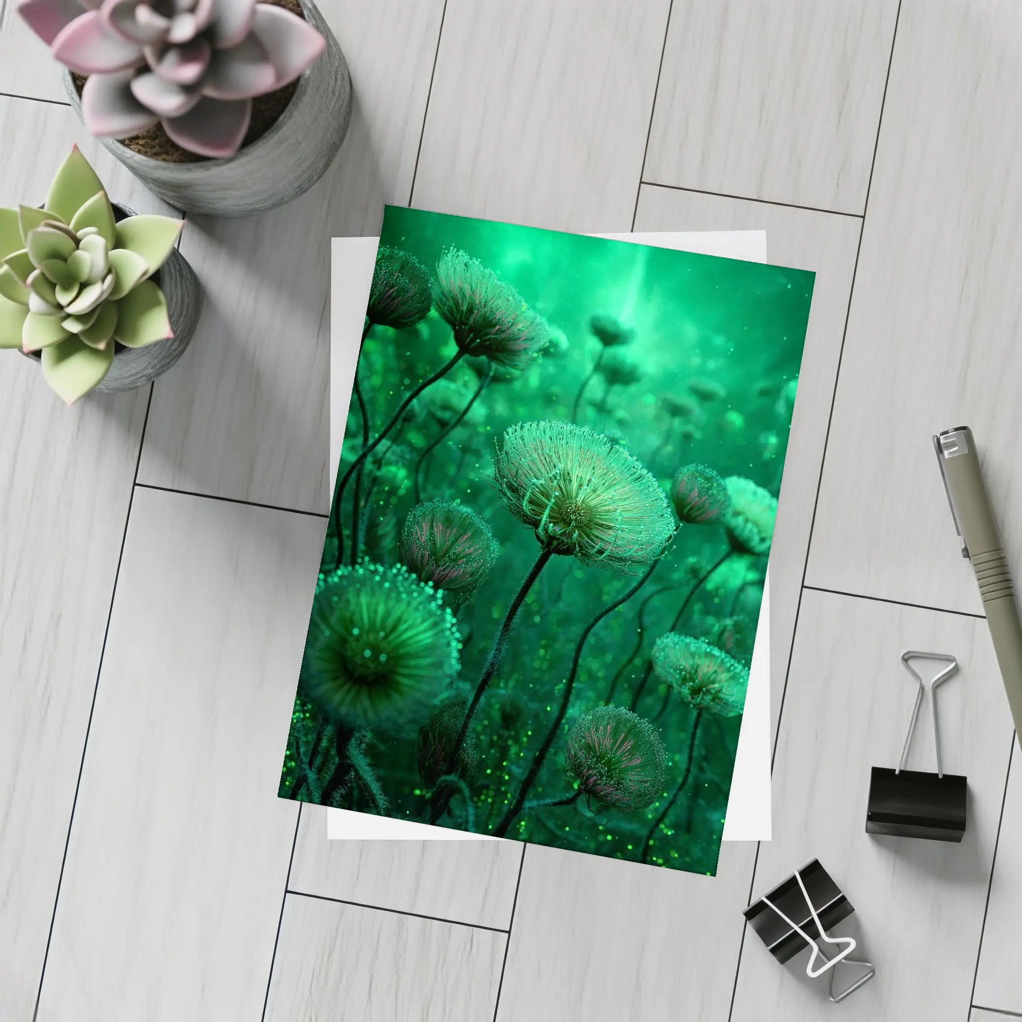 Glowing Green Fantasy Dandelion Field Art – Postcards