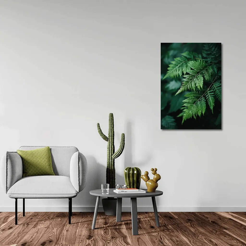 Green Fern Leaves Dark Forest Background – Wall Art