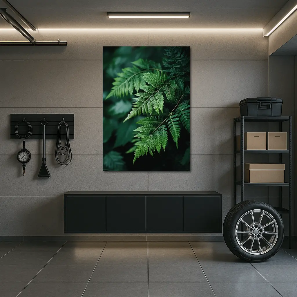 Green Fern Leaves Dark Forest Background – Wall Art