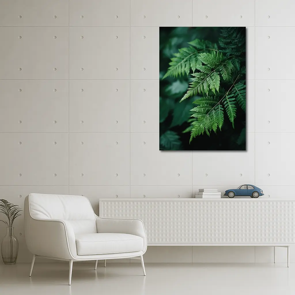 Green Fern Leaves Dark Forest Background – Wall Art