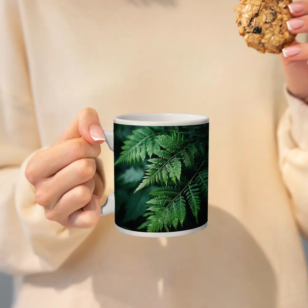 Green Fern Leaves Dark Forest Background – Mugs