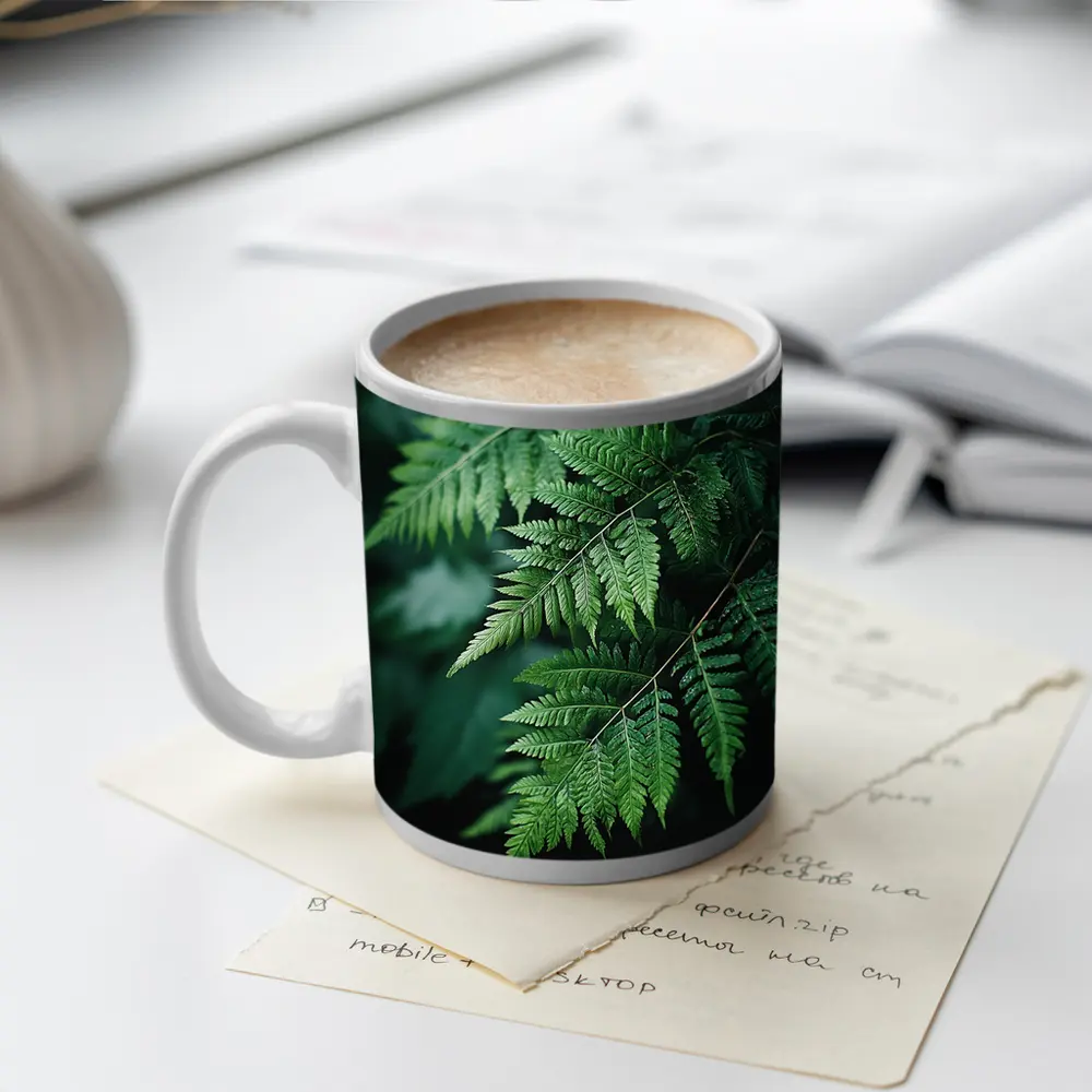 Green Fern Leaves Dark Forest Background – Mugs