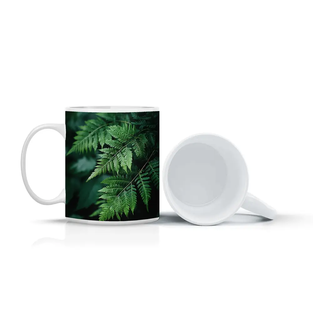 Green Fern Leaves Dark Forest Background – Mugs