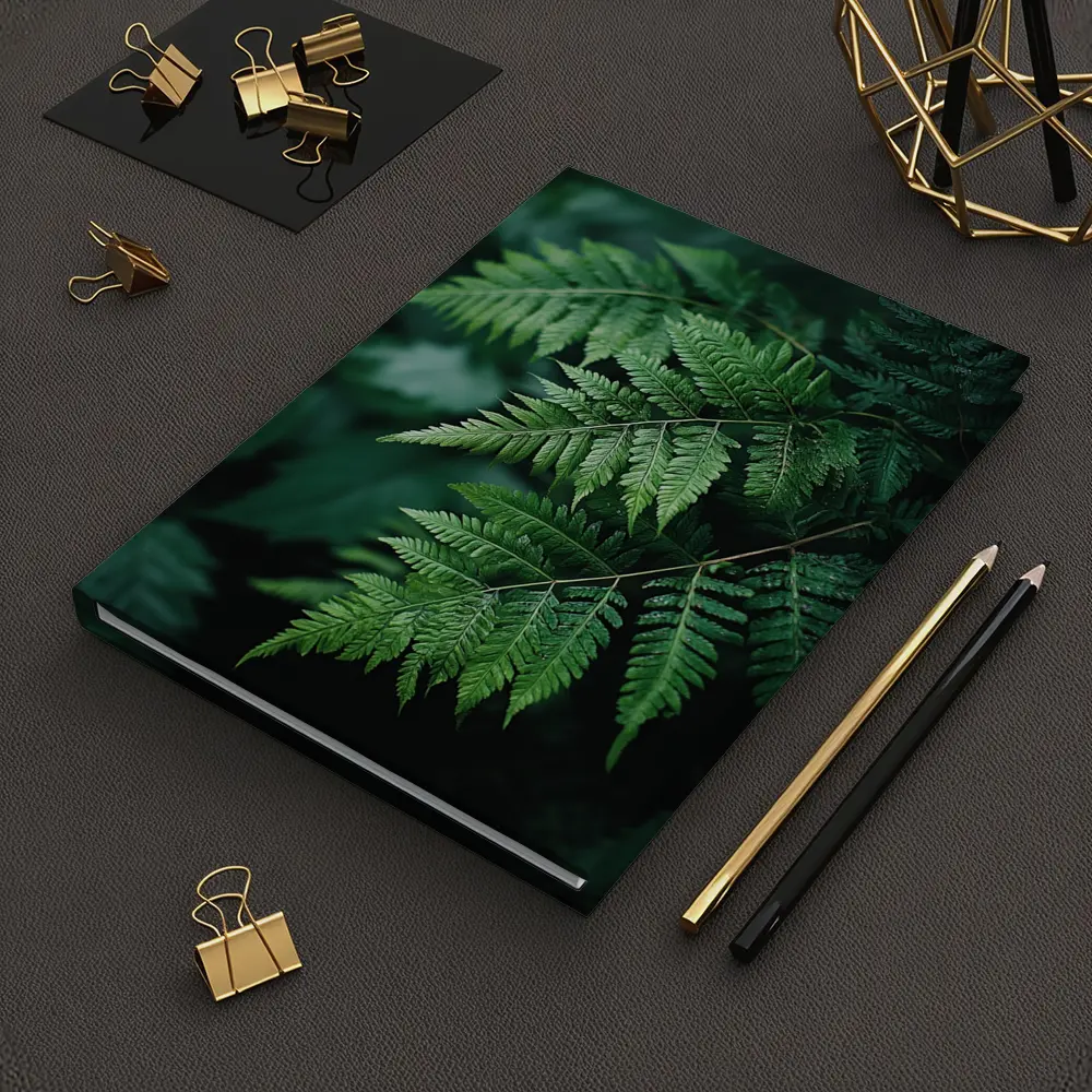 Green Fern Leaves Dark Forest Background – Notebooks