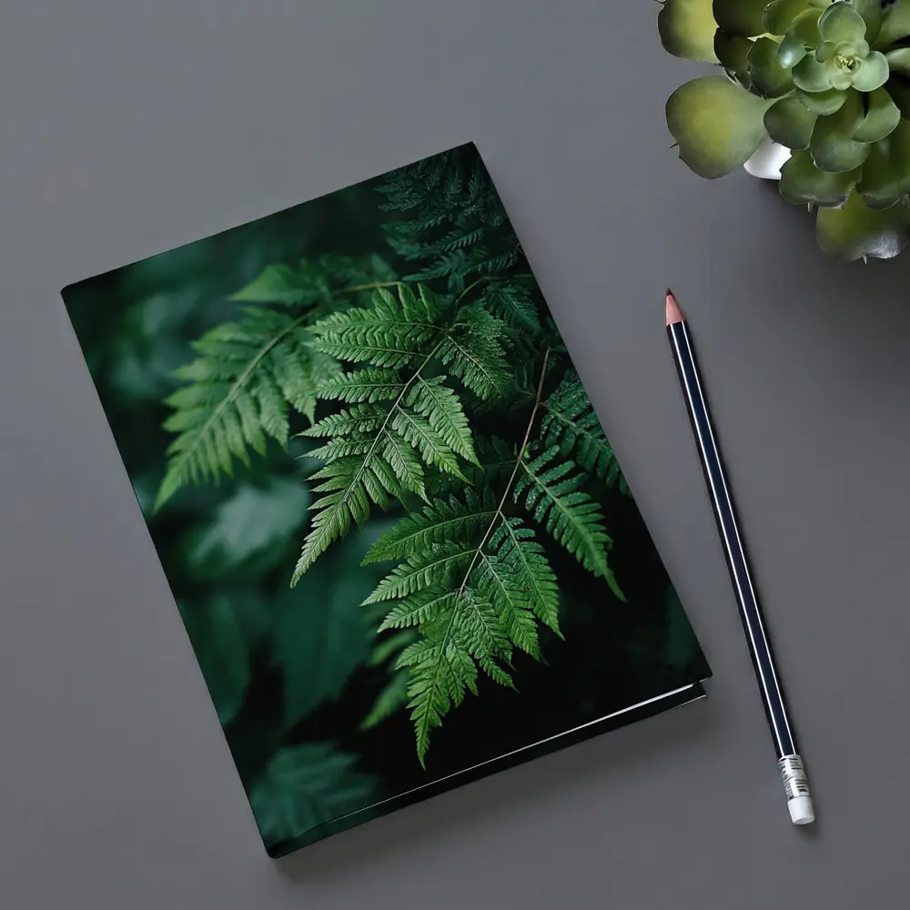 Green Fern Leaves Dark Forest Background – Notebooks