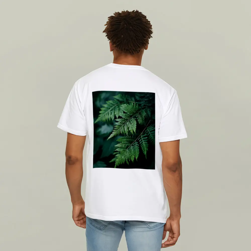 Green Fern Leaves Dark Forest Background – T-Shirts