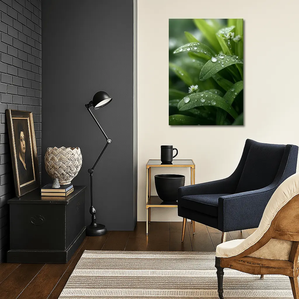 Green Leaves With Dew Drops Close Up – Wall Art
