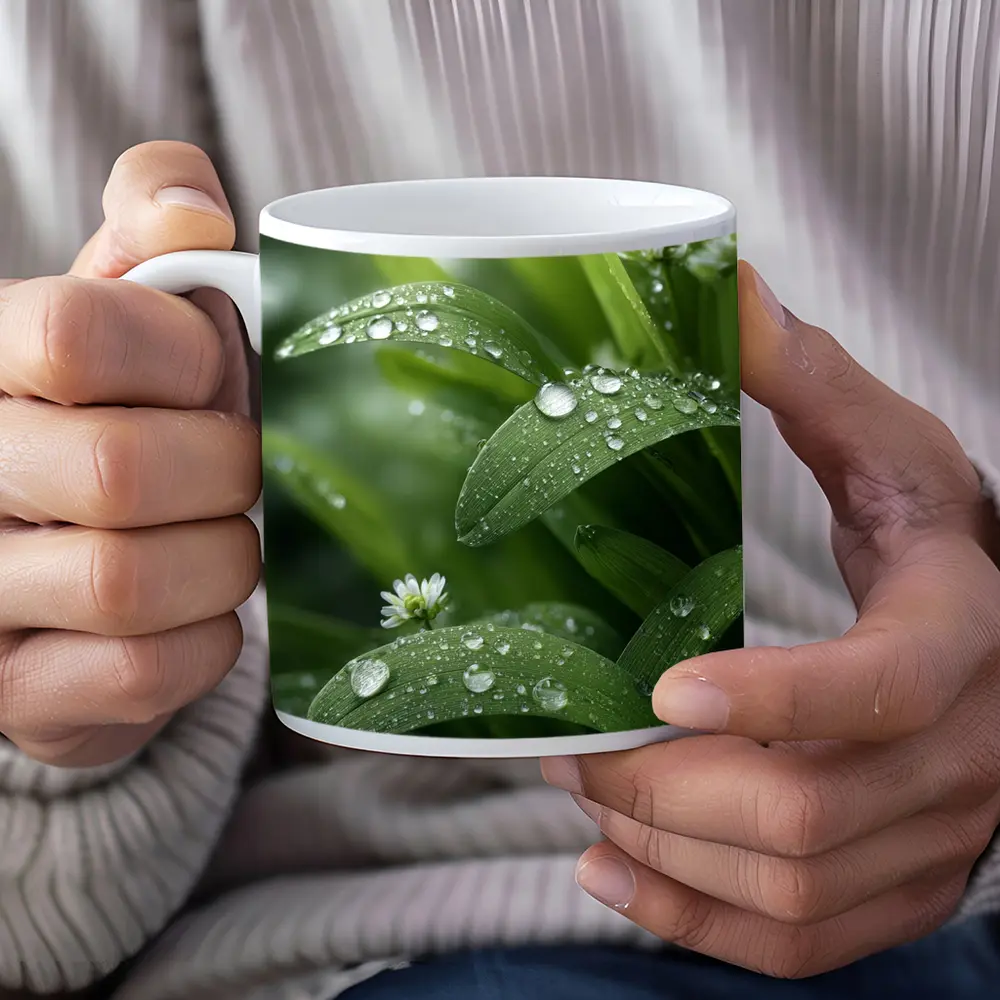 Green Leaves With Dew Drops Close Up – Mugs