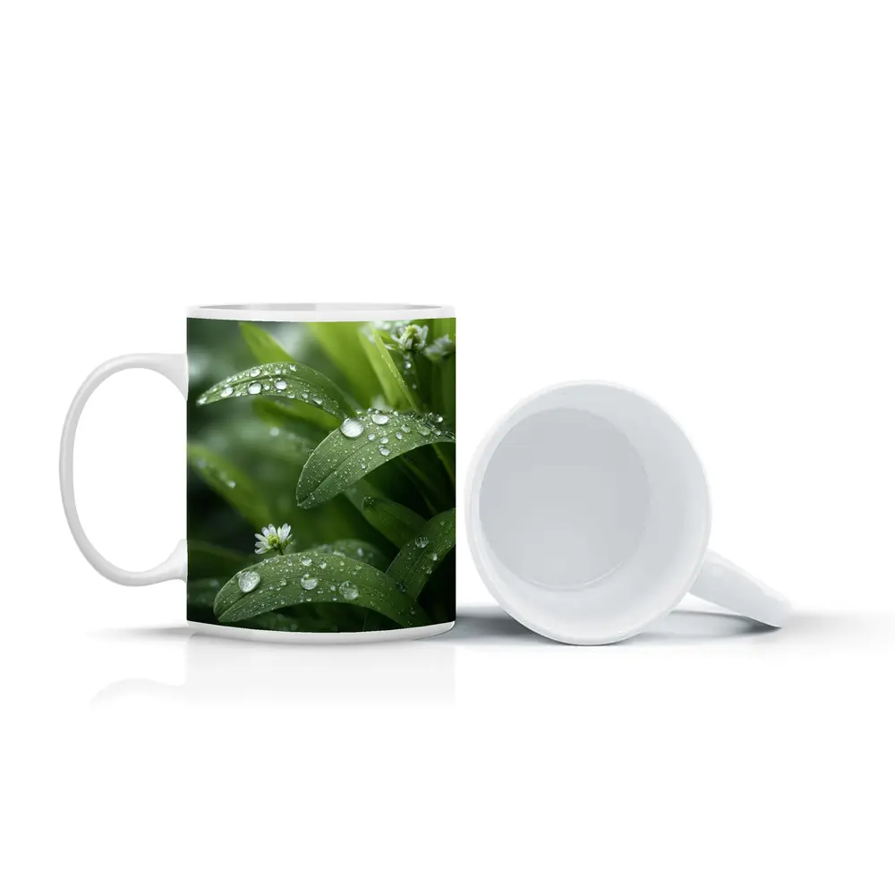 Green Leaves With Dew Drops Close Up – Mugs