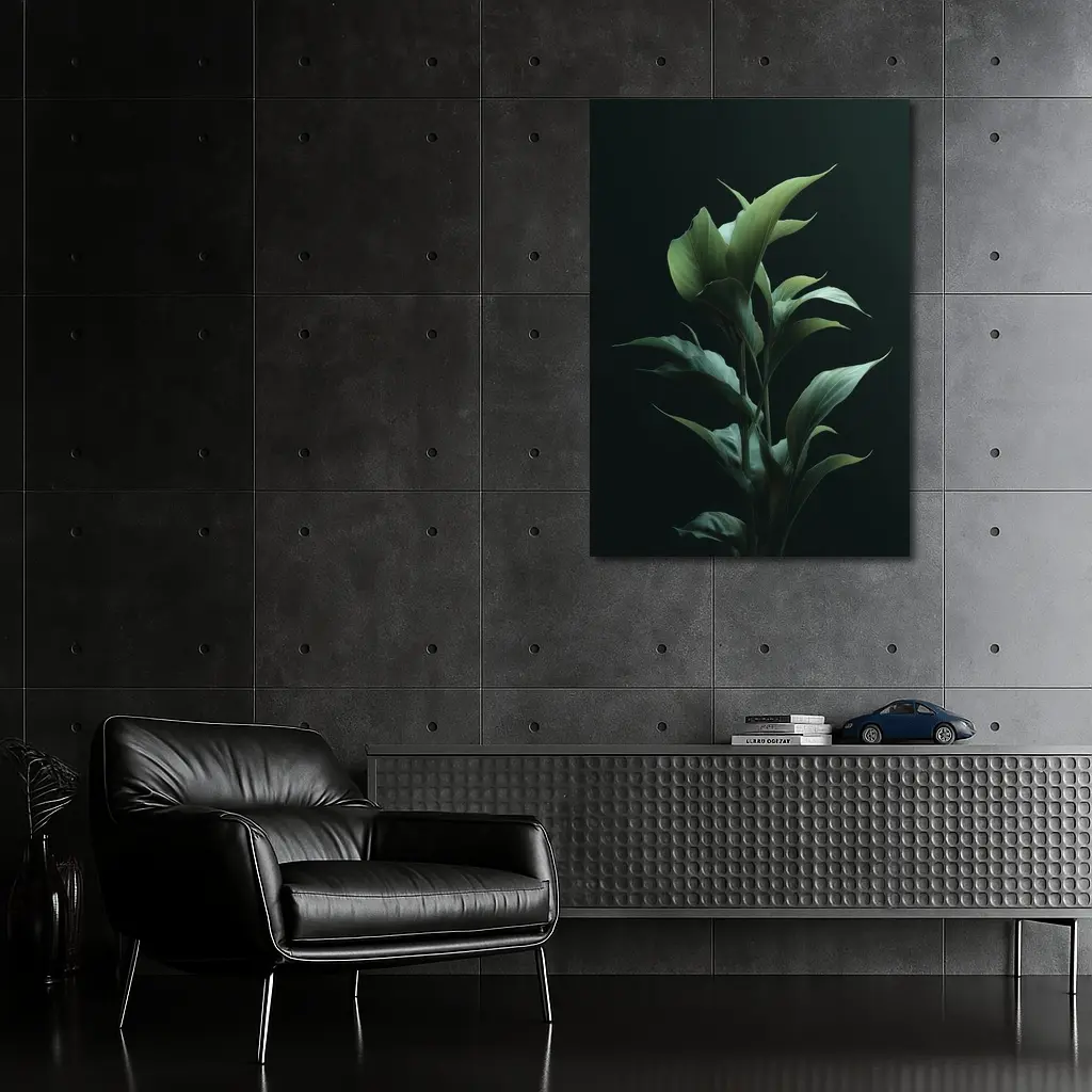 Dark Green Tropical Plant Black Background – Wall Art