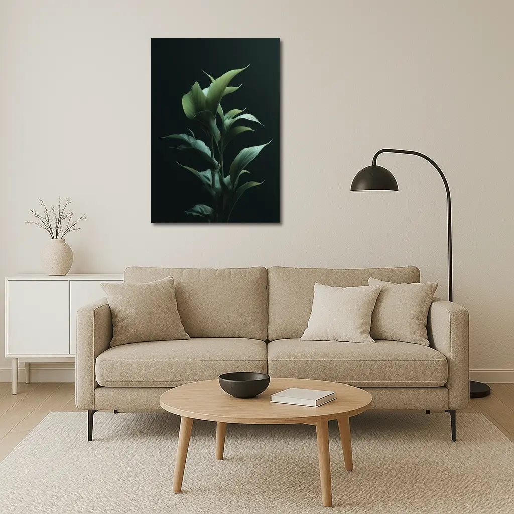 Dark Green Tropical Plant Black Background – Wall Art