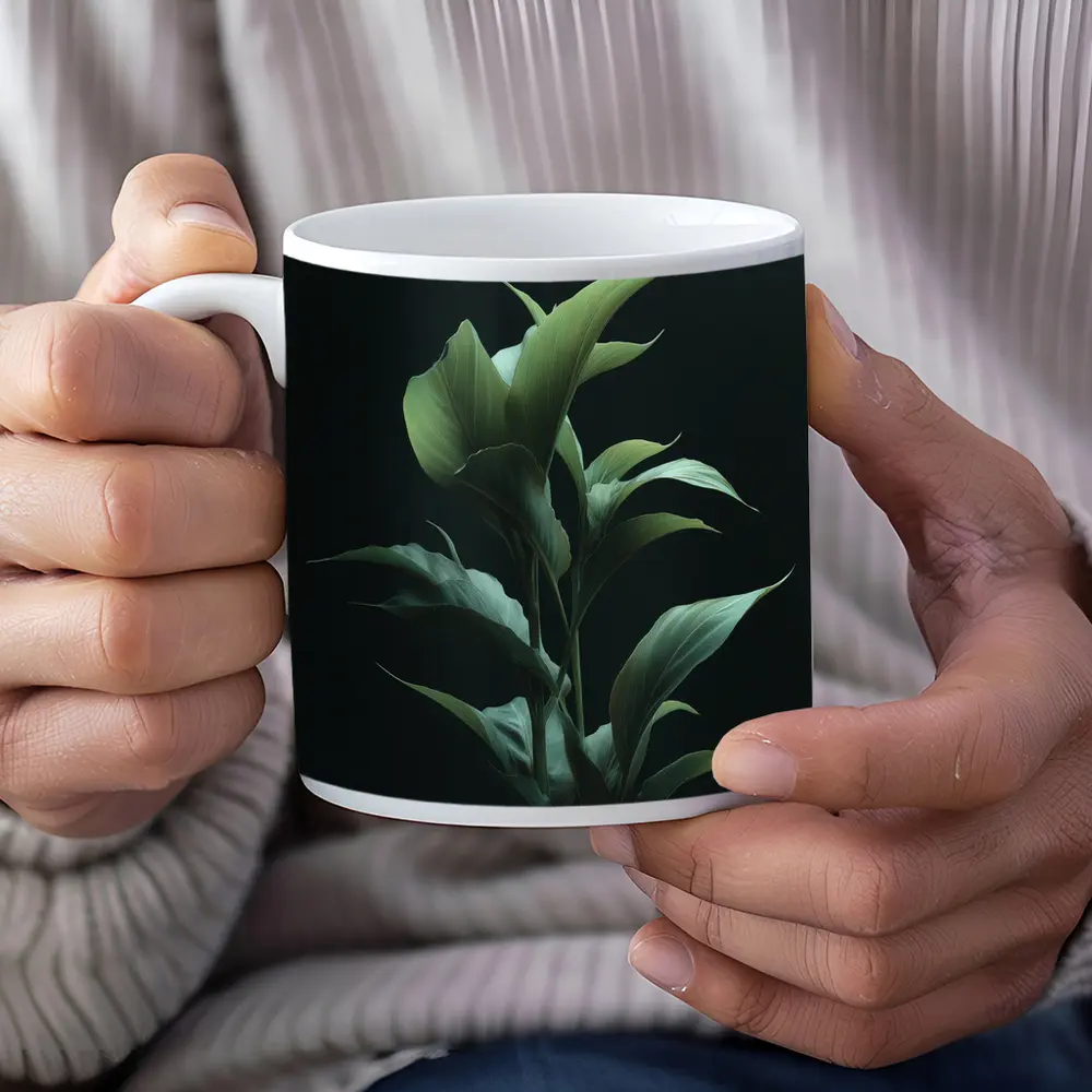 Dark Green Tropical Plant Black Background – Mugs