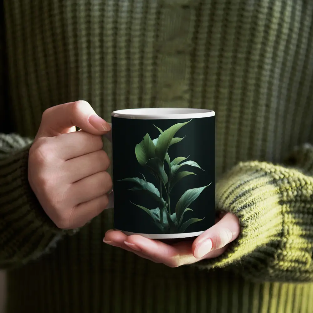 Dark Green Tropical Plant Black Background – Mugs