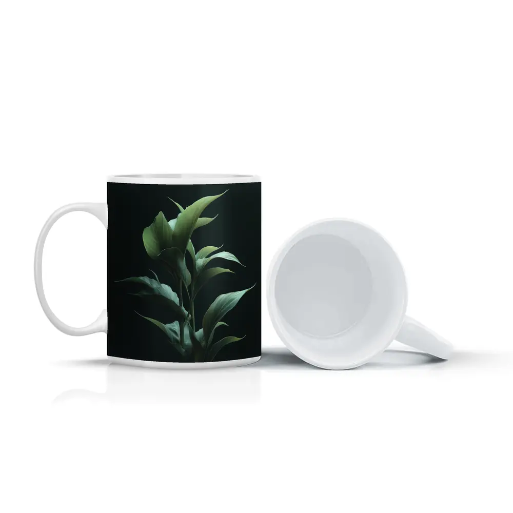 Dark Green Tropical Plant Black Background – Mugs