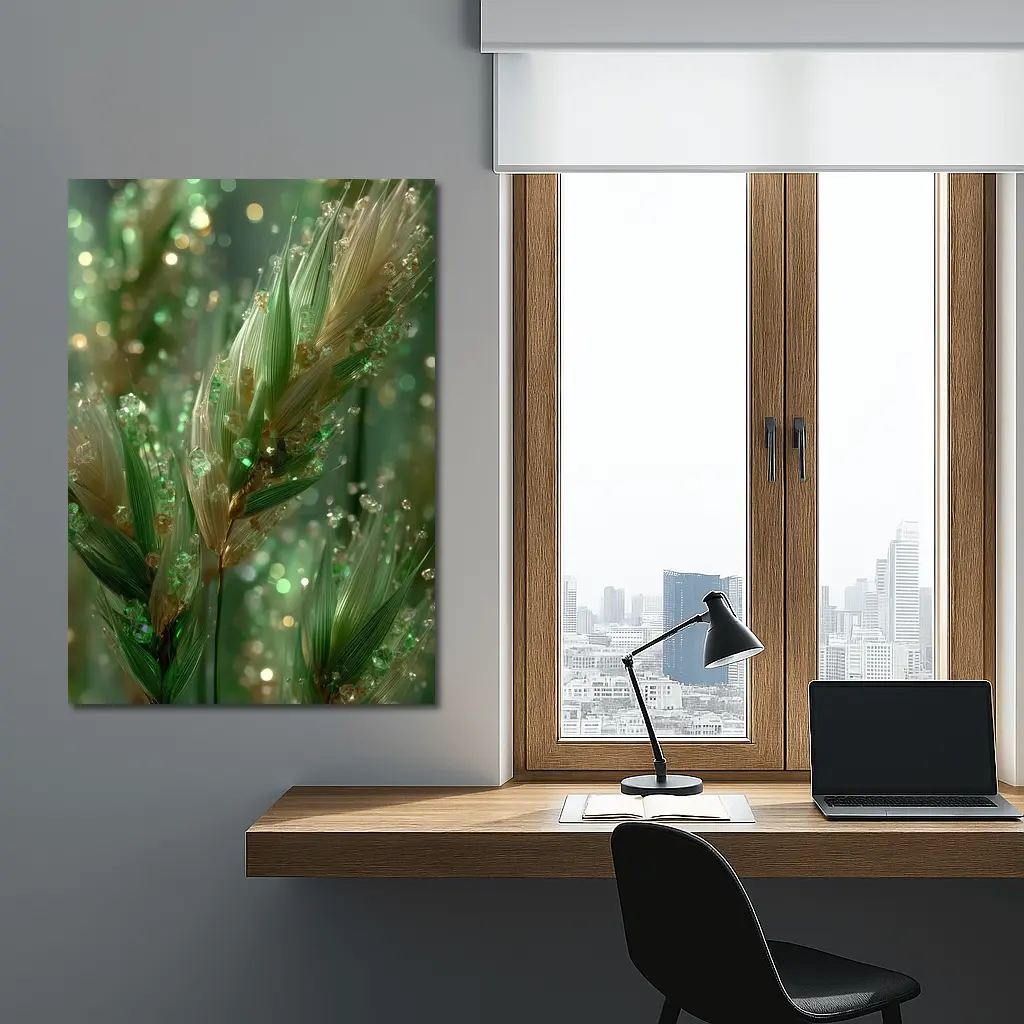 Crystal Wheat Stalks Green Bokeh Abstract – Wall Art