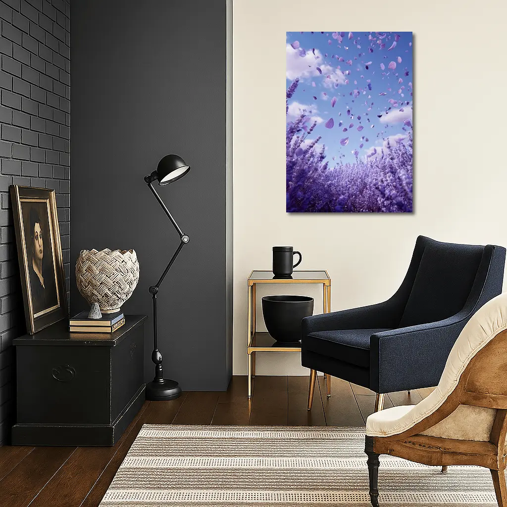 Lavender Petals Flying Blue Sky Above – Wall Art
