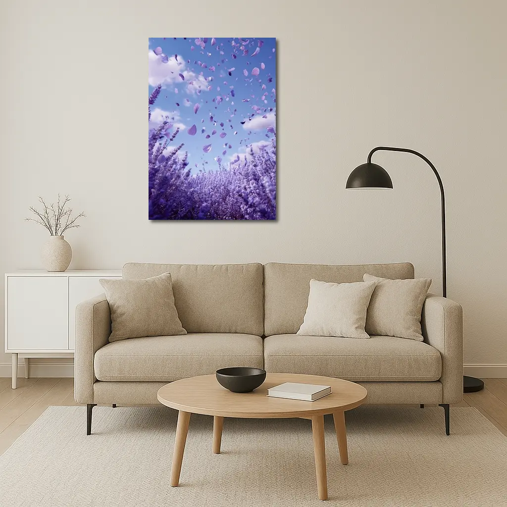 Lavender Petals Flying Blue Sky Above – Wall Art
