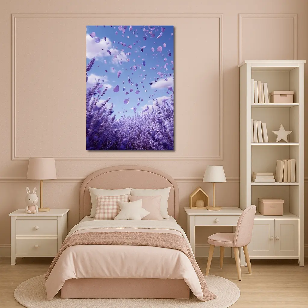 Lavender Petals Flying Blue Sky Above – Wall Art