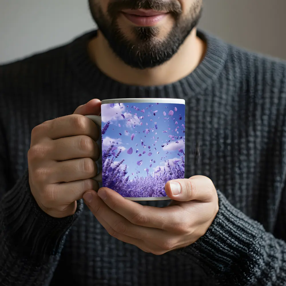Lavender Petals Flying Blue Sky Above – Mugs