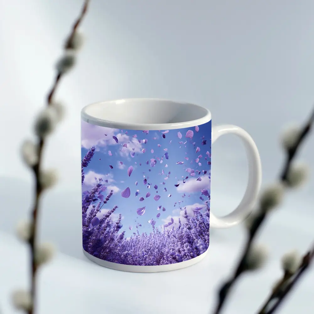 Lavender Petals Flying Blue Sky Above – Mugs