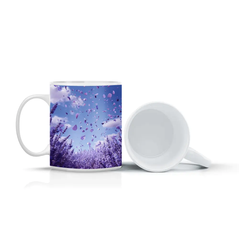 Lavender Petals Flying Blue Sky Above – Mugs