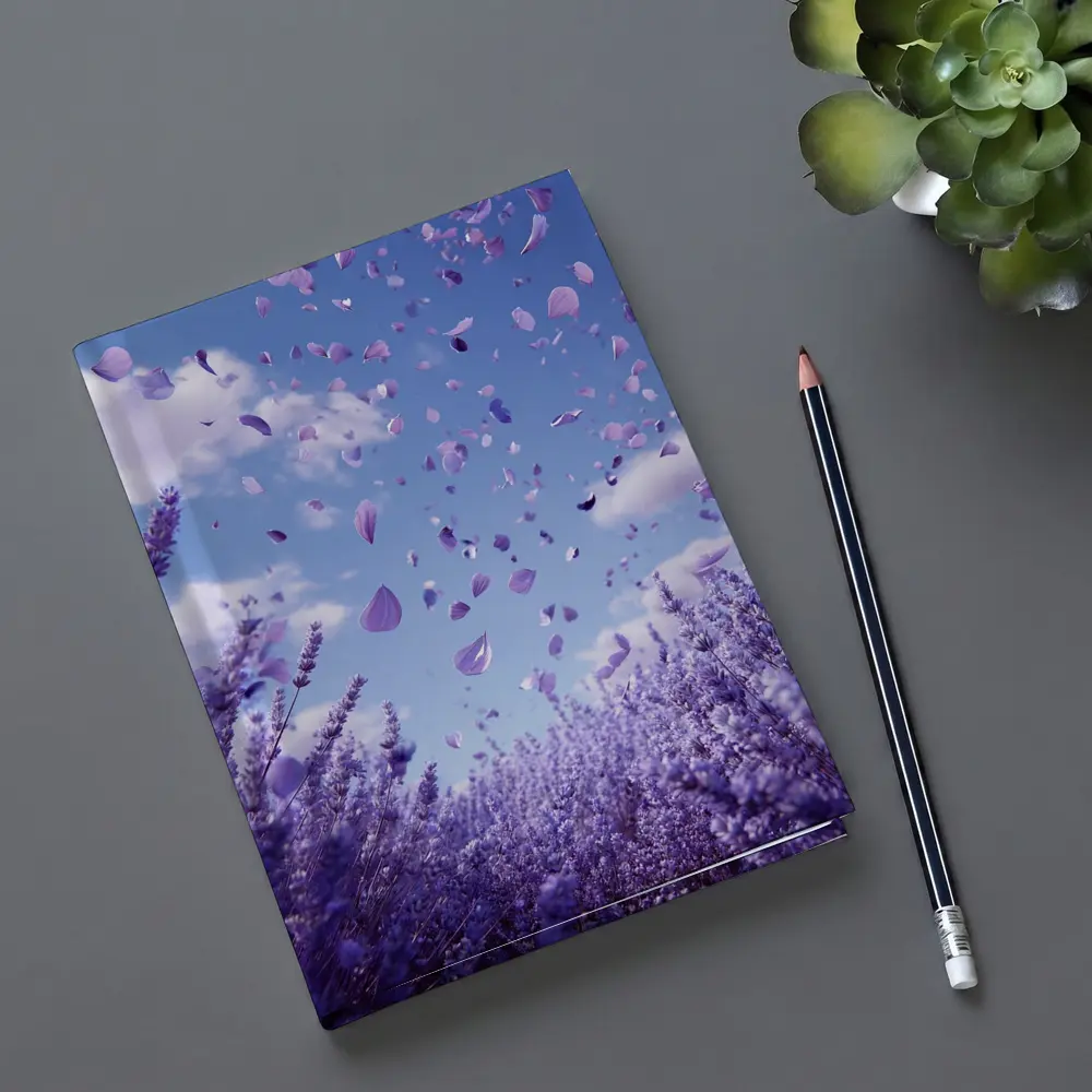 Lavender Petals Flying Blue Sky Above – Notebooks