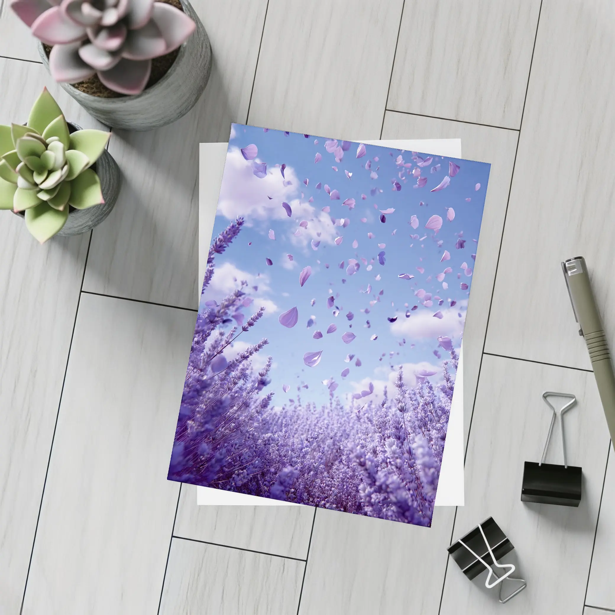Lavender Petals Flying Blue Sky Above – Postcards