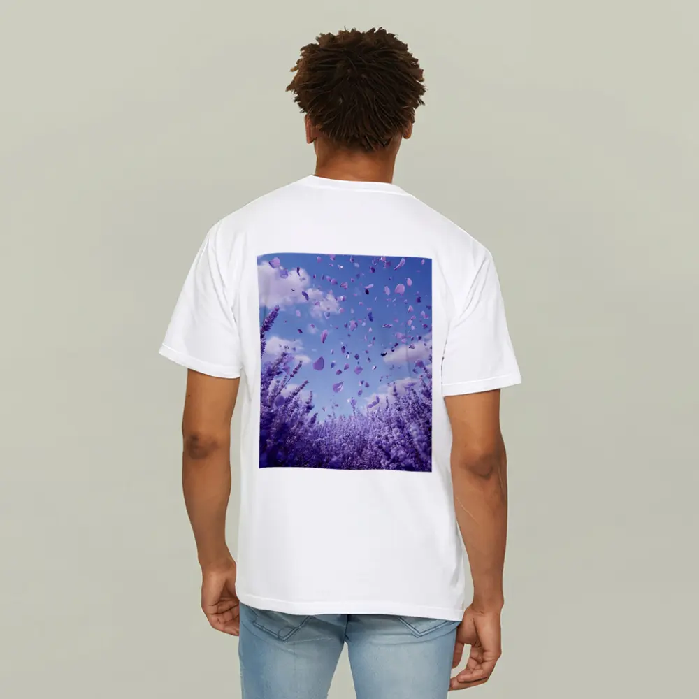 Lavender Petals Flying Blue Sky Above – T-Shirts