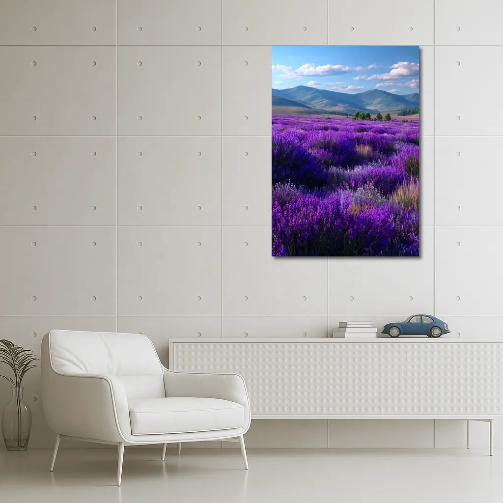 Purple Lavender Field Mountains Blue Sky – Wall Art