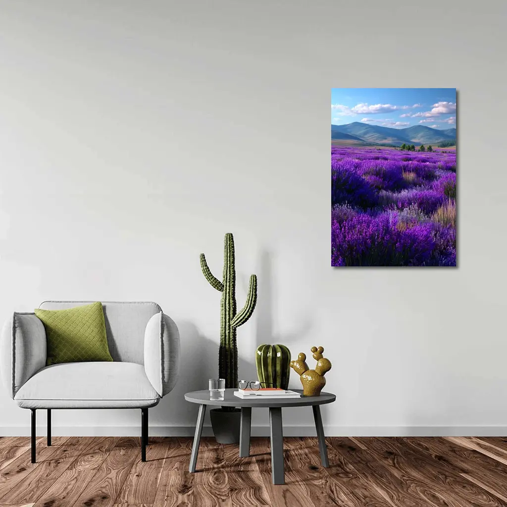 Purple Lavender Field Mountains Blue Sky – Wall Art
