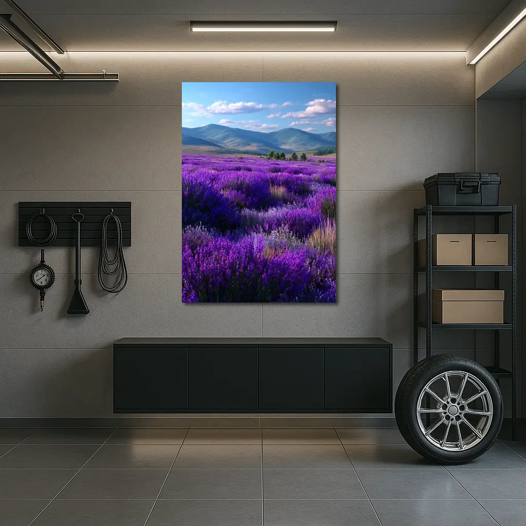 Purple Lavender Field Mountains Blue Sky – Wall Art