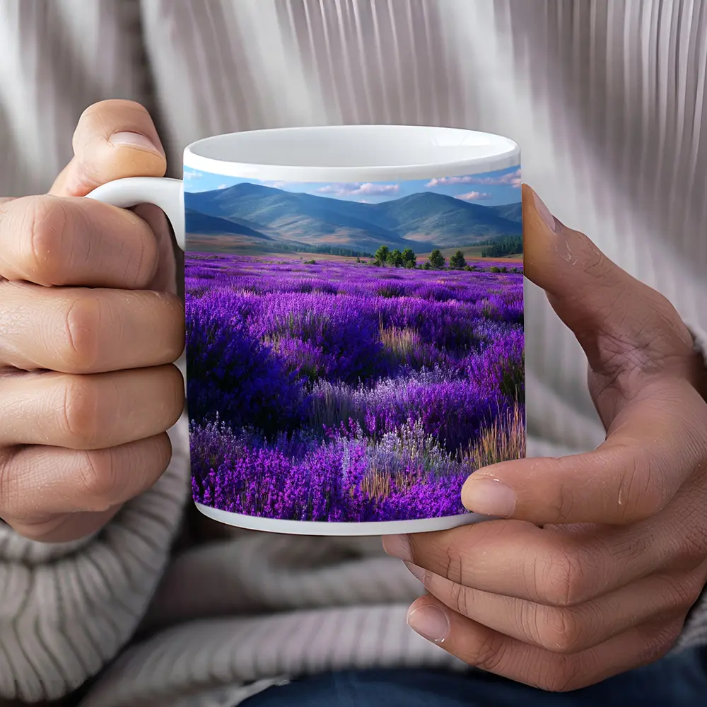 Purple Lavender Field Mountains Blue Sky – Mugs