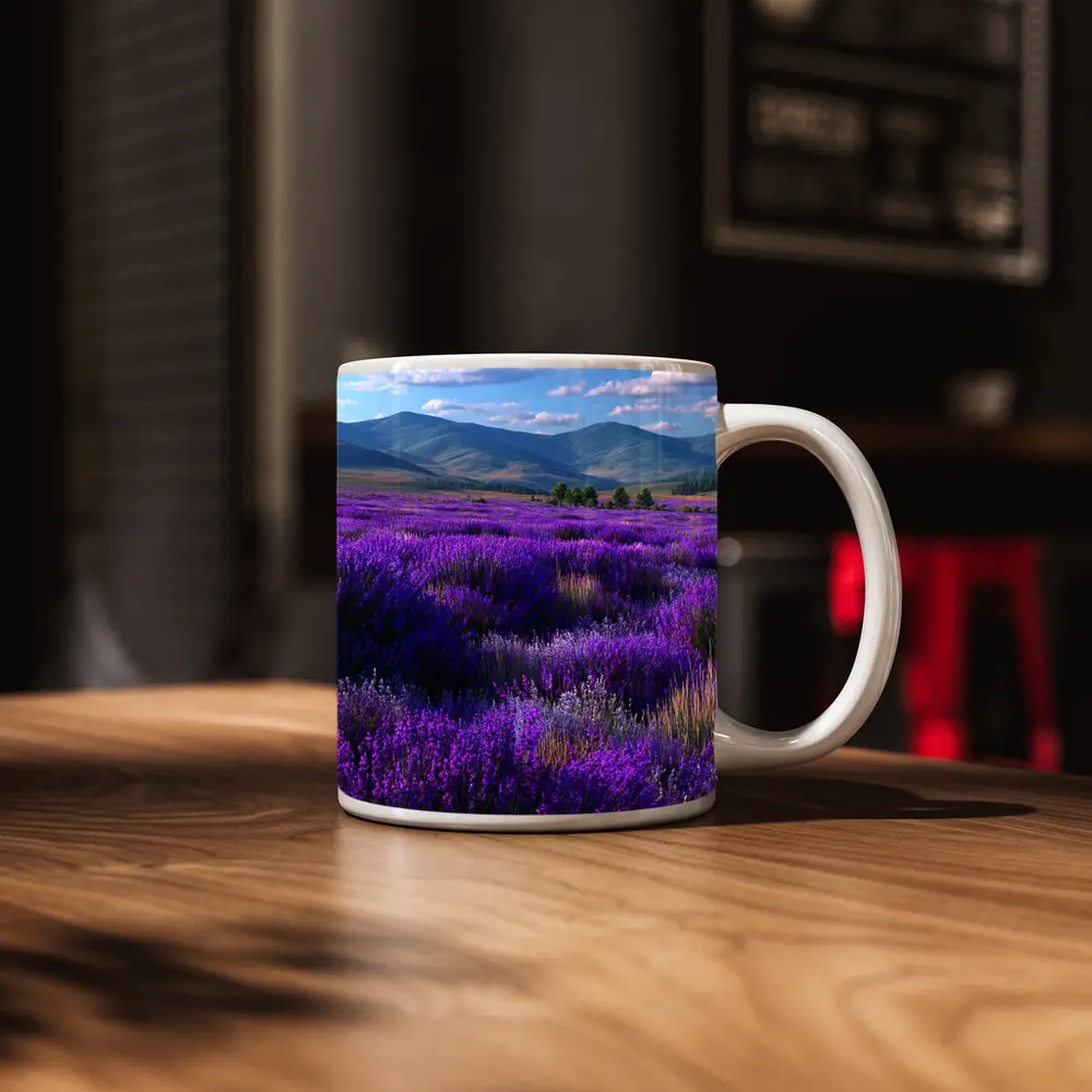Purple Lavender Field Mountains Blue Sky – Mugs