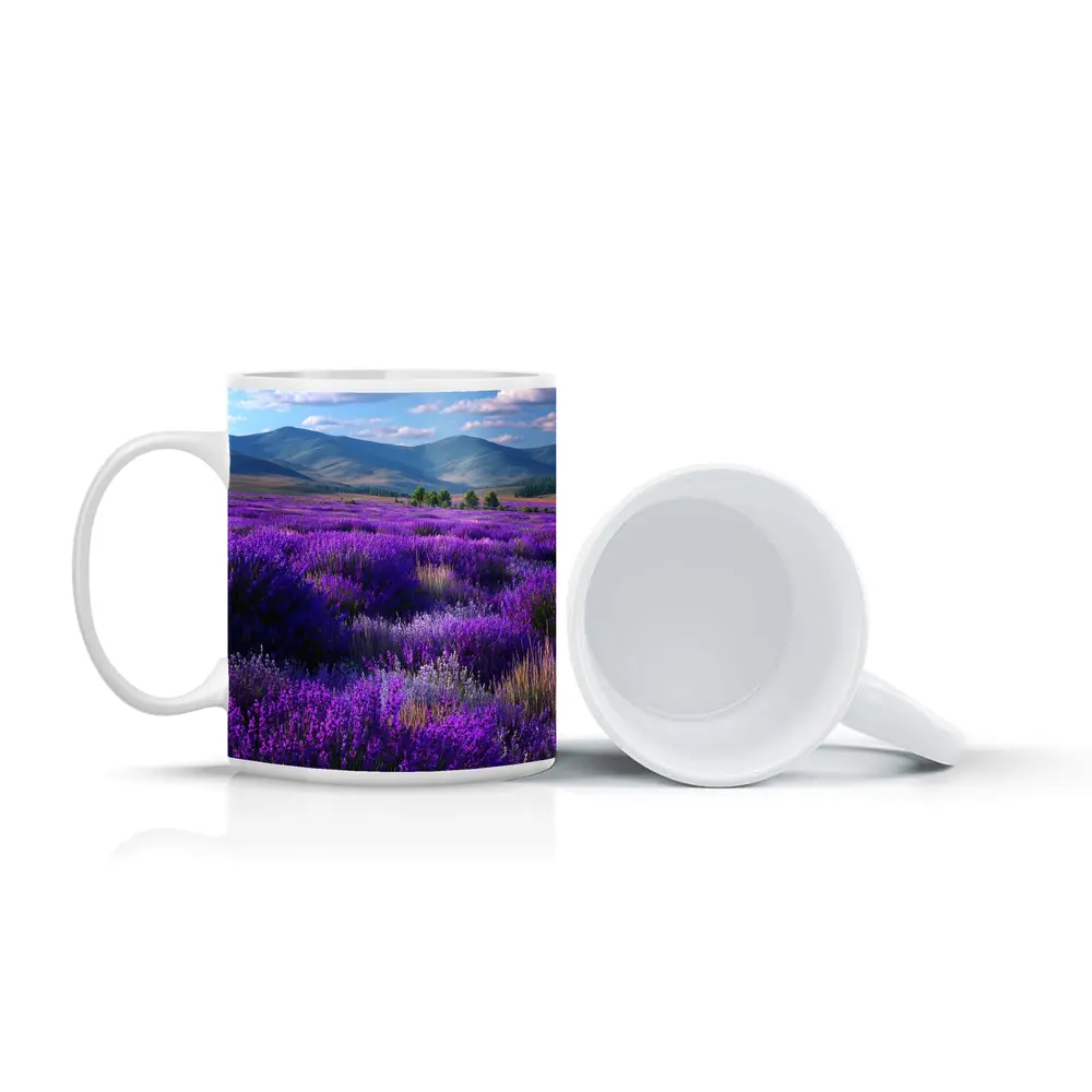Purple Lavender Field Mountains Blue Sky – Mugs