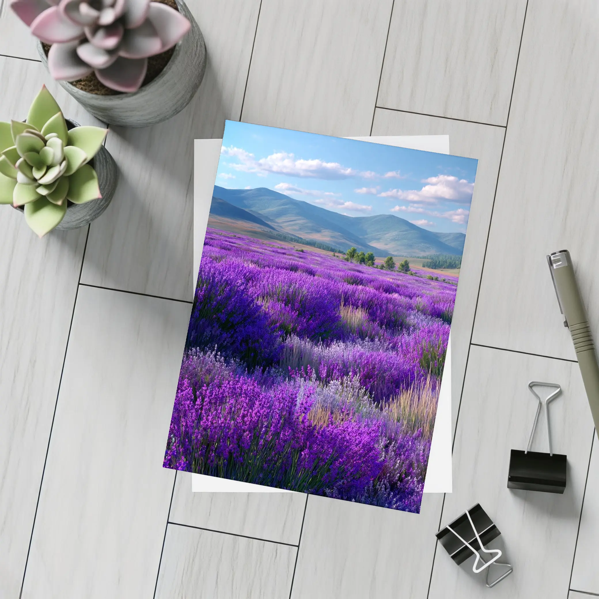 Purple Lavender Field Mountains Blue Sky – Postcards