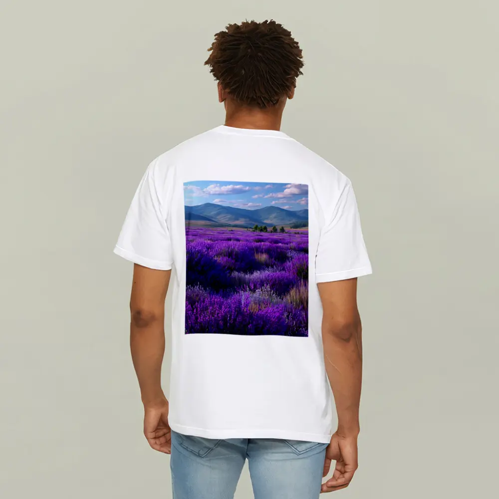 Purple Lavender Field Mountains Blue Sky – T-Shirts
