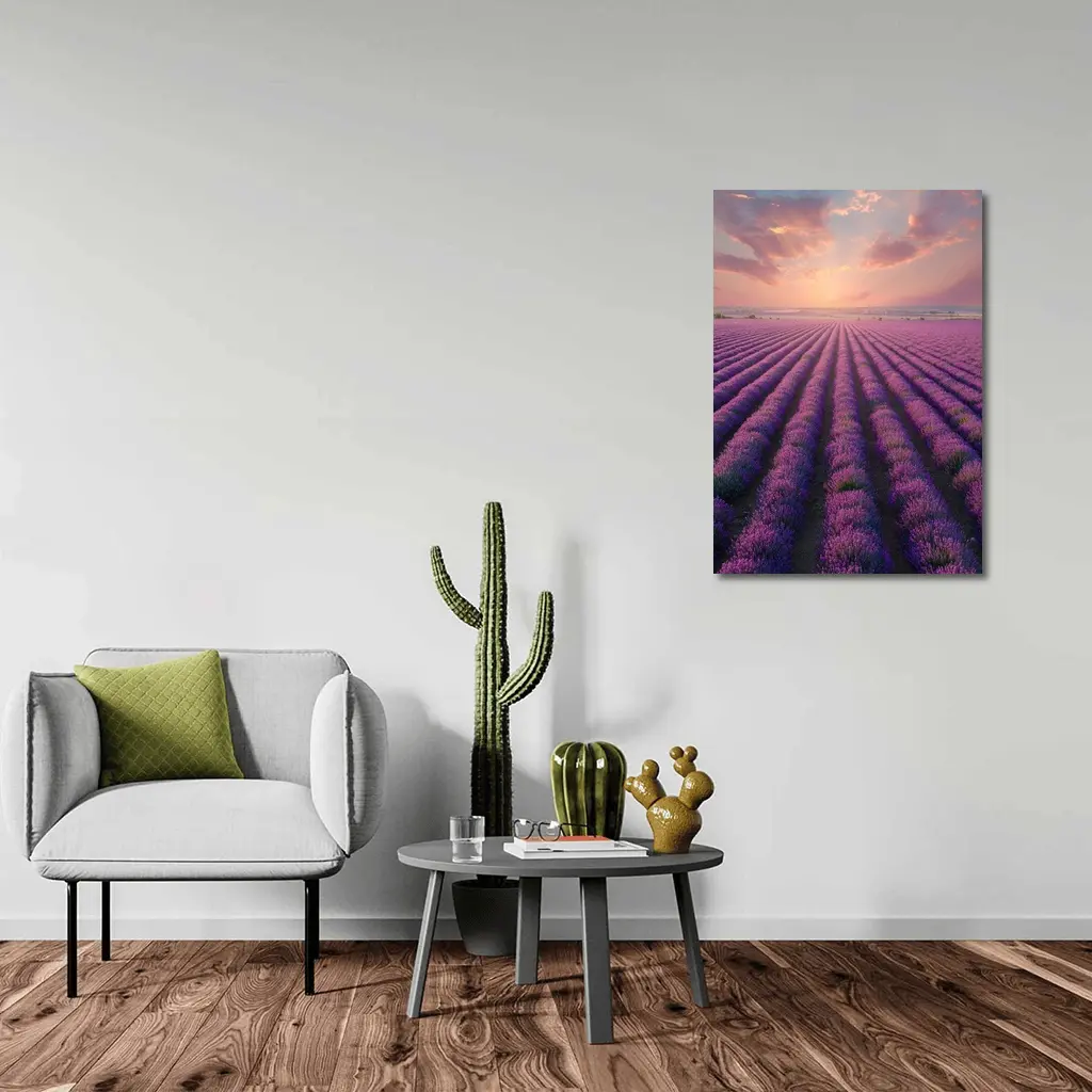 Lavender Field Rows At Sunset Sky – Wall Art