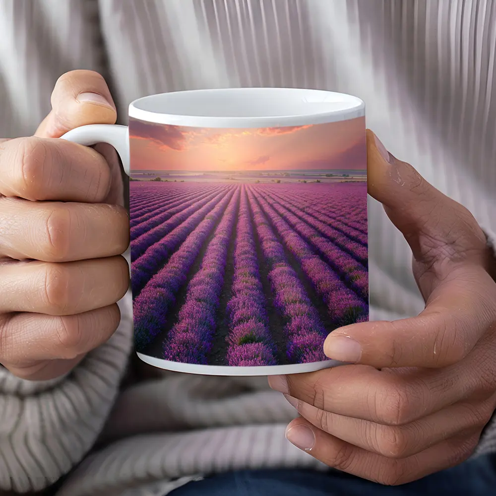Lavender Field Rows At Sunset Sky – Mugs