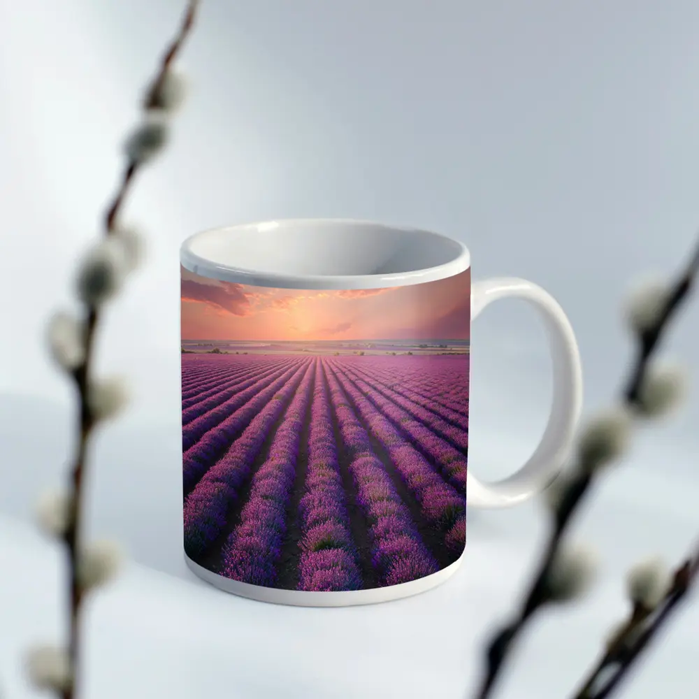 Lavender Field Rows At Sunset Sky – Mugs
