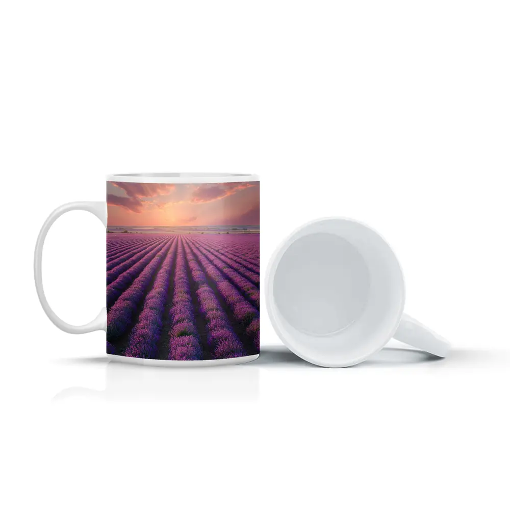 Lavender Field Rows At Sunset Sky – Mugs